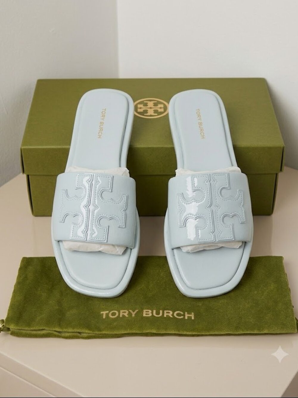 Tory Burch DOUBLE T SPORT SLIDE Patent Leather Icy Pale Blue Cushioned Sandals